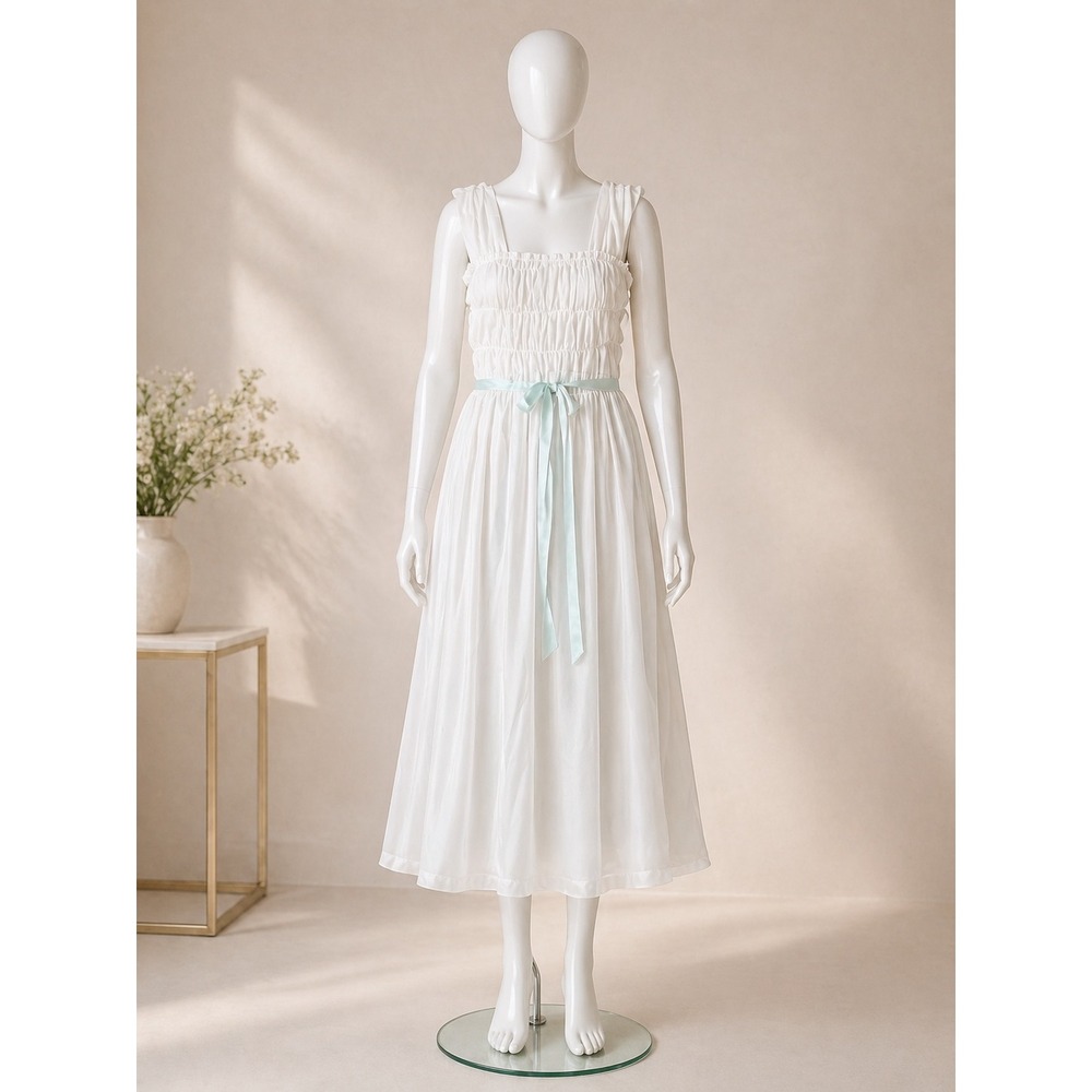 Vintage Munsingwear Sz S White Nightgown Smocked Ribbon Waist Tie Sheer 60s USA